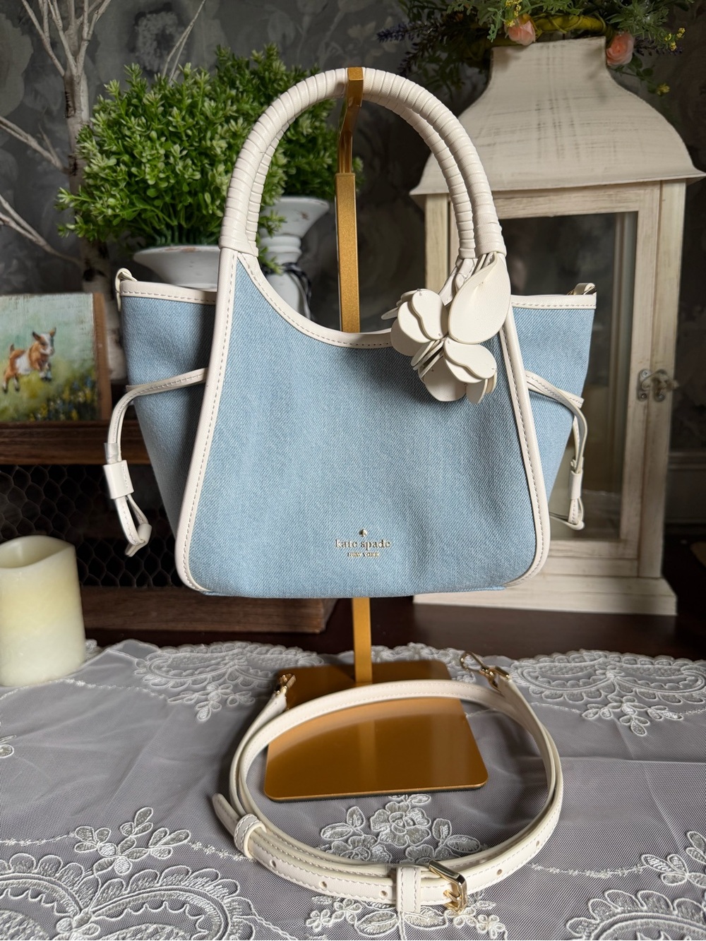 NWT Kate Spade Mini Cryall Leather Flower Blue Denim Fabric Tote Handbag Purse